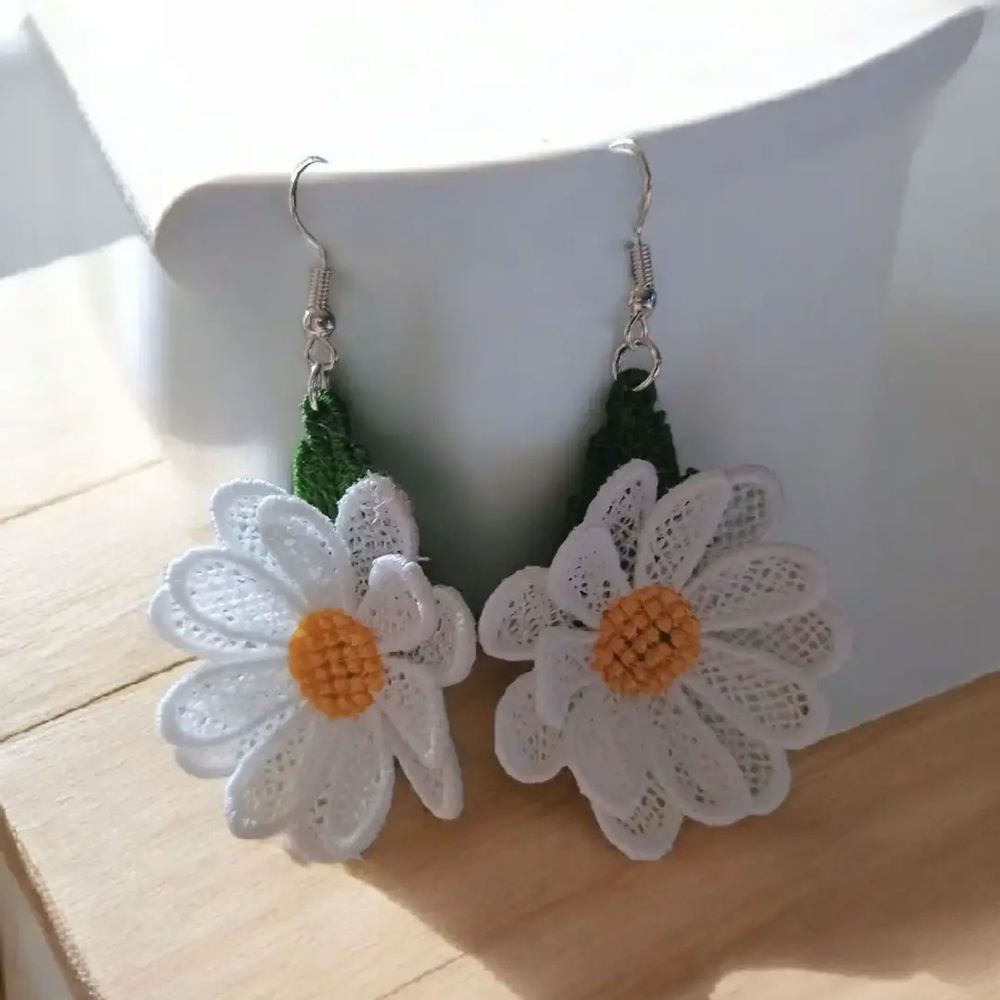 White and Yellow Daisy Earrings with Silver Hooks